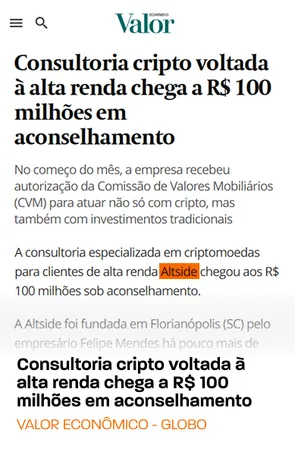 Valor Econômico: Consultoria cripto voltada à alta renda chega a R$ 100 milhões em aconselhamento