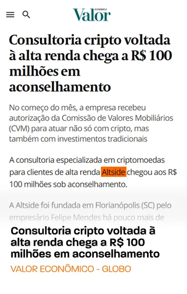 Valor Econômico: Consultoria cripto voltada à alta renda chega a R$ 100 milhões em aconselhamento